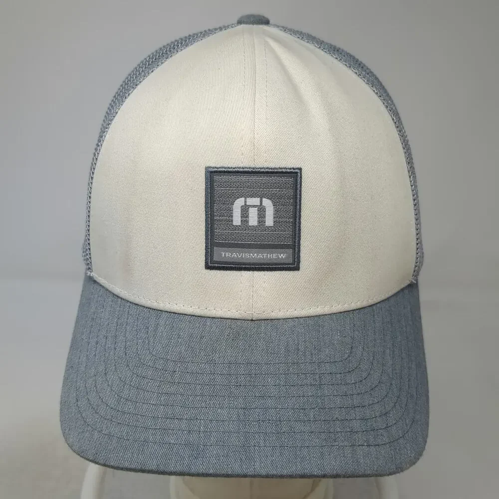 TravisMathew Baseball Cap Gray White XL Mesh Back Flexfit Hat Square Logo Patch